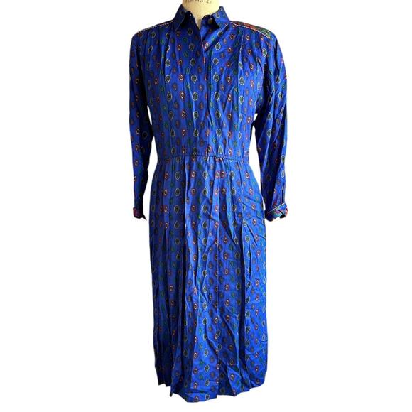 California Designs Dresses & Skirts - Vintage Dress Womens Size 8P Blue Paisley Collar Long Sleeve Retro Abstract